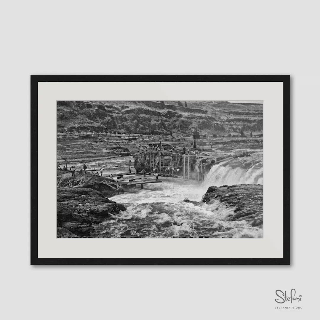 3-D video of Celilo Falls Overlook II black and white historic art photograph with white mat and black frame by Richard Stefani at Stefani Fine Art.
