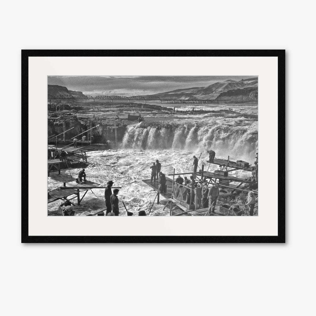 Celilo Falls Overlook I black and white historic art photograph with white mat and black frame by Richard Stefani at Stefani Fine Art. Columbia River Gorge waterfall that was destroyed in 1957.