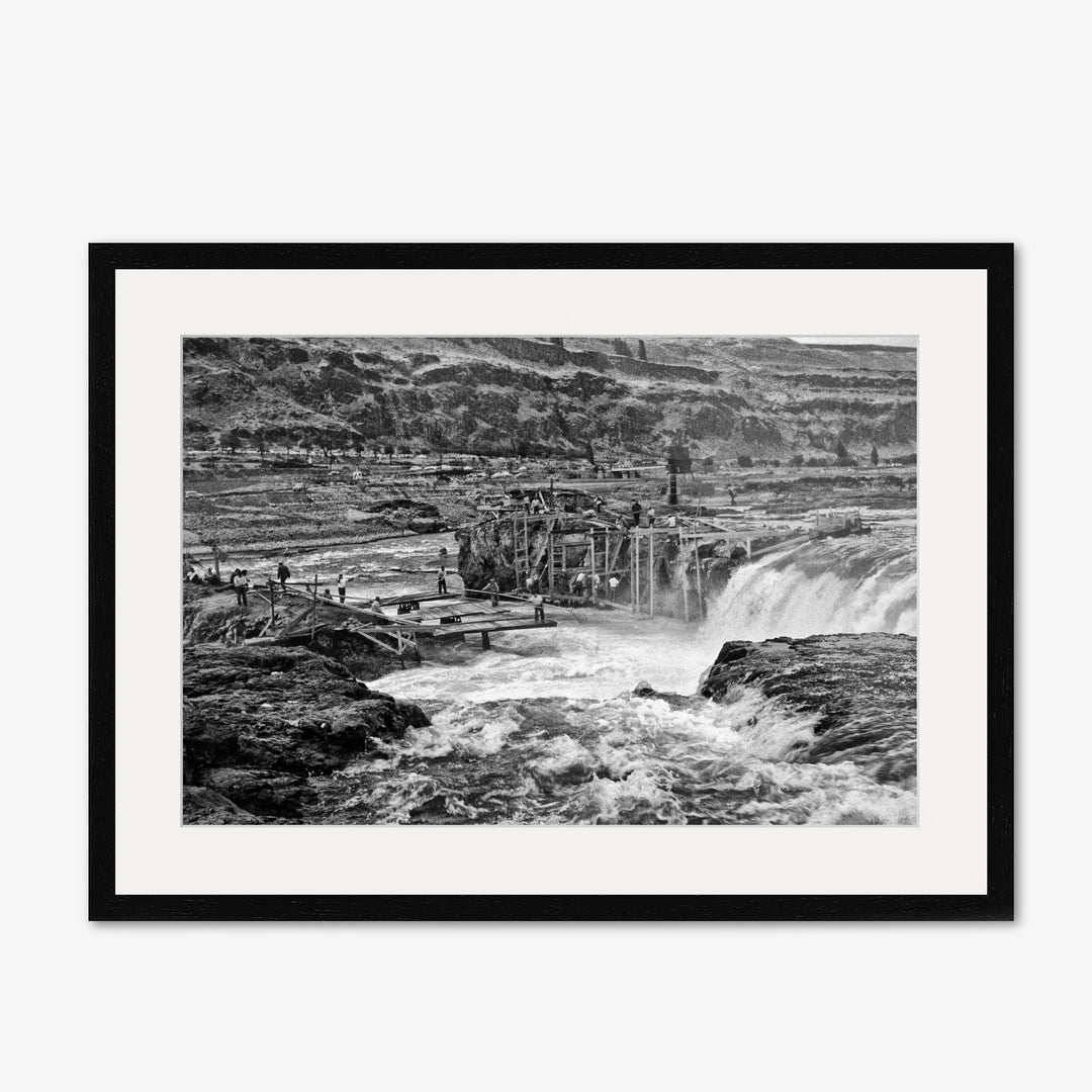 Celilo Falls Overlook II black and white historic art photograph with white mat and black frame by Richard Stefani at Stefani Fine Art.