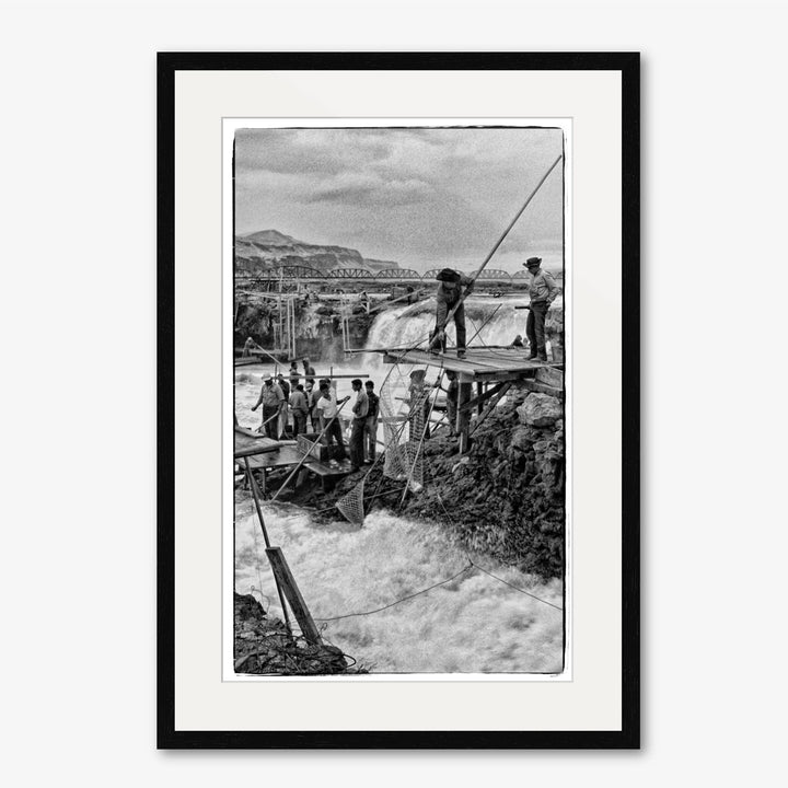 Celilo Falls Above the Narrows black and white historic art photograph white mat black oak frame Richard Stefani at Stefani Fine Art