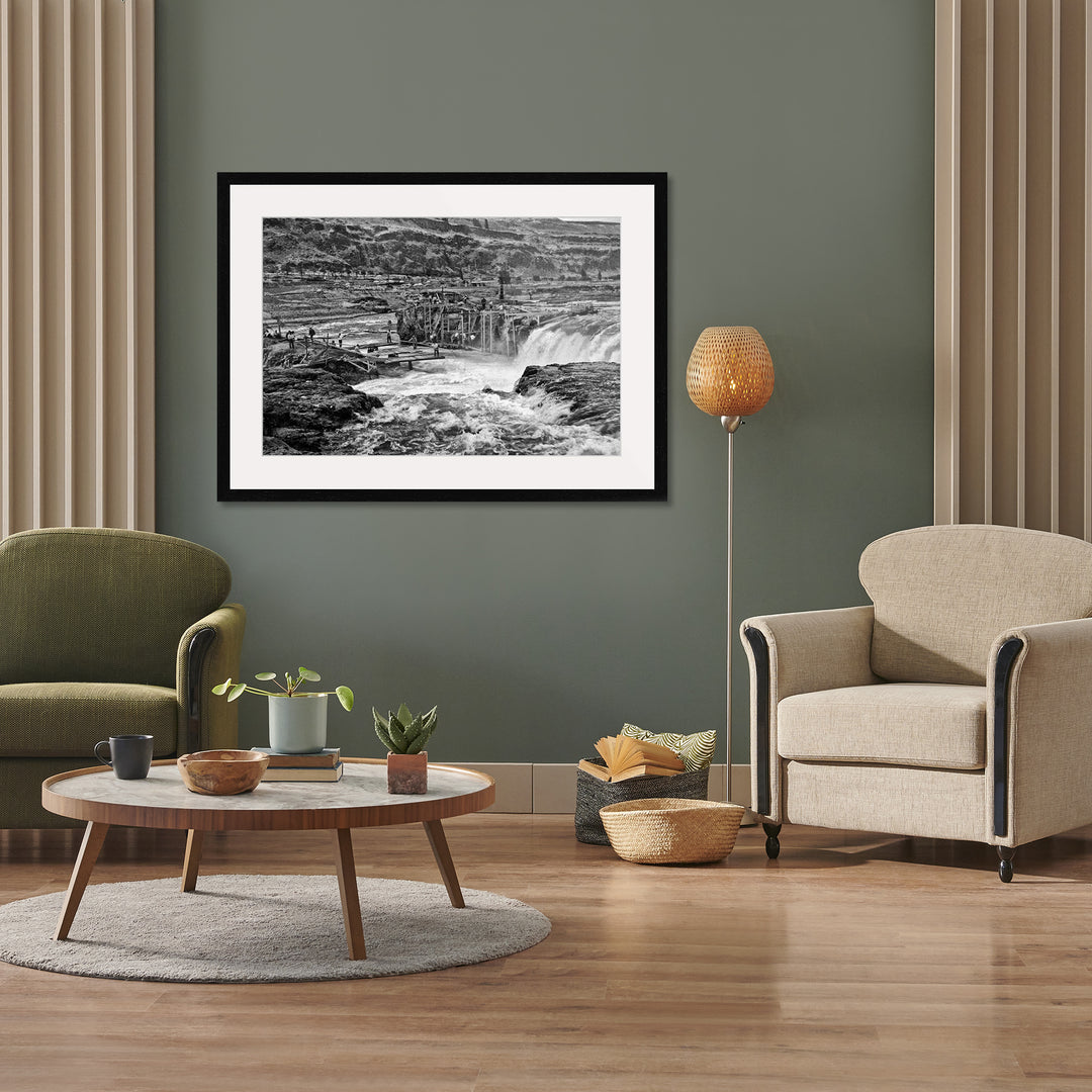 Celilo Falls Overlook II black and white historic art photograph 30x20 inches with white mat and black frame by Richard Stefani at Stefani Fine Art.