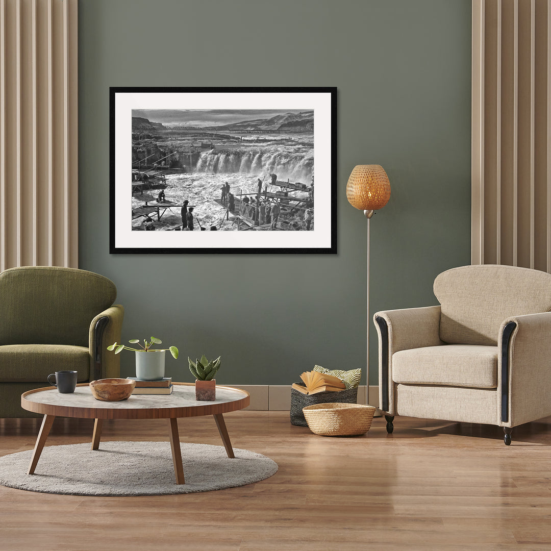 Celilo Falls Overlook I black and white historic art 30x20 inch photograph with white mat and black frame by Richard Stefani at Stefani Fine Art. Columbia River Gorge waterfall that was destroyed in 1957.