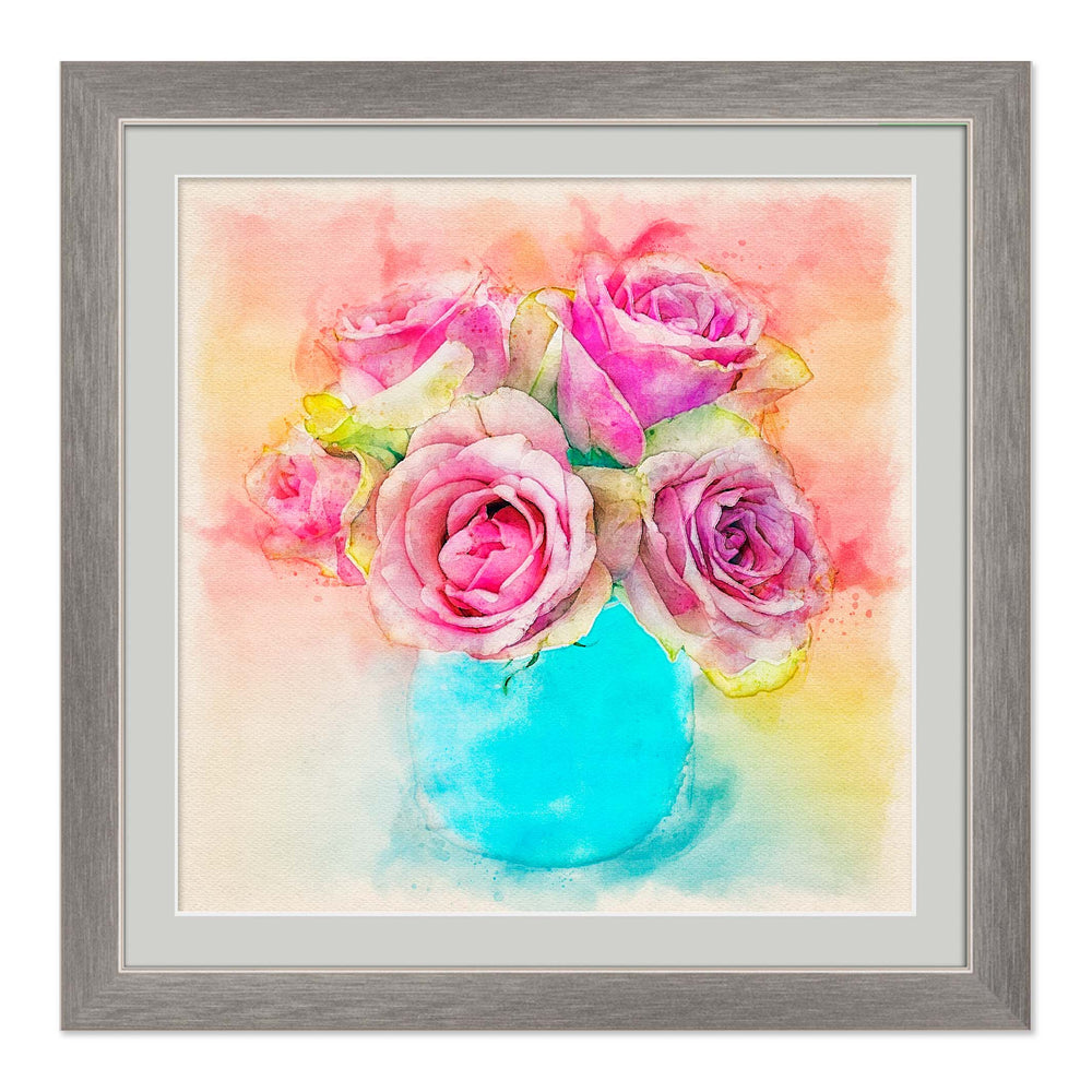 Pink Flowers Blue Vase 10x10 art print with grey mat and pewter frame- Legacy Editions - Christina Stefani - Stefani Fine Art