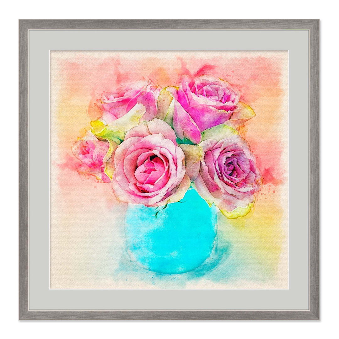 Pink Flowers Blue Vase 20x20 art print with grey mat and pewter frame - Legacy Editions - Christina Stefani - Stefani Fine Art