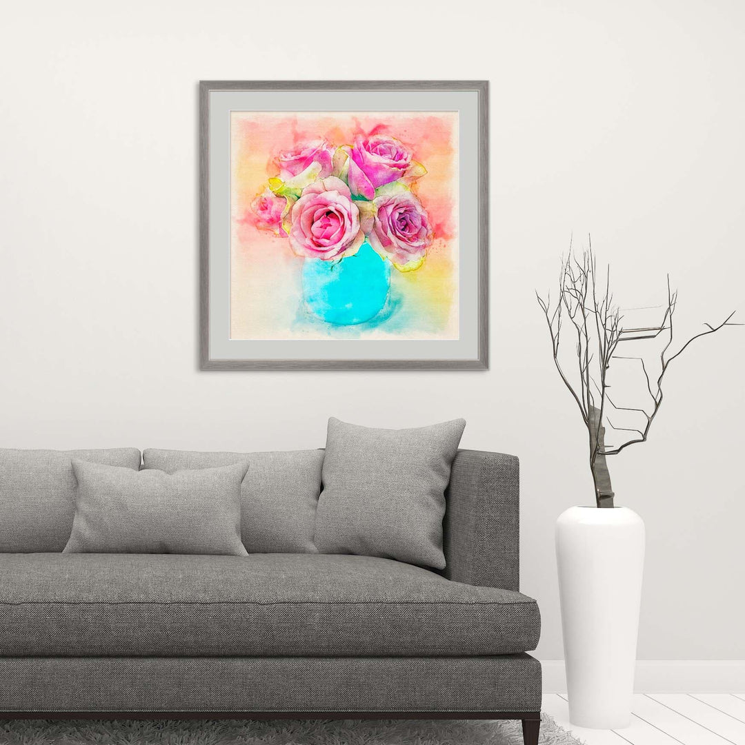 Pink Flowers Blue Vase 20x20 art print with grey mat and pewter frame hanging over a gray couch - Legacy Editions Art Prints - Christina Stefani - Stefani Fine Art