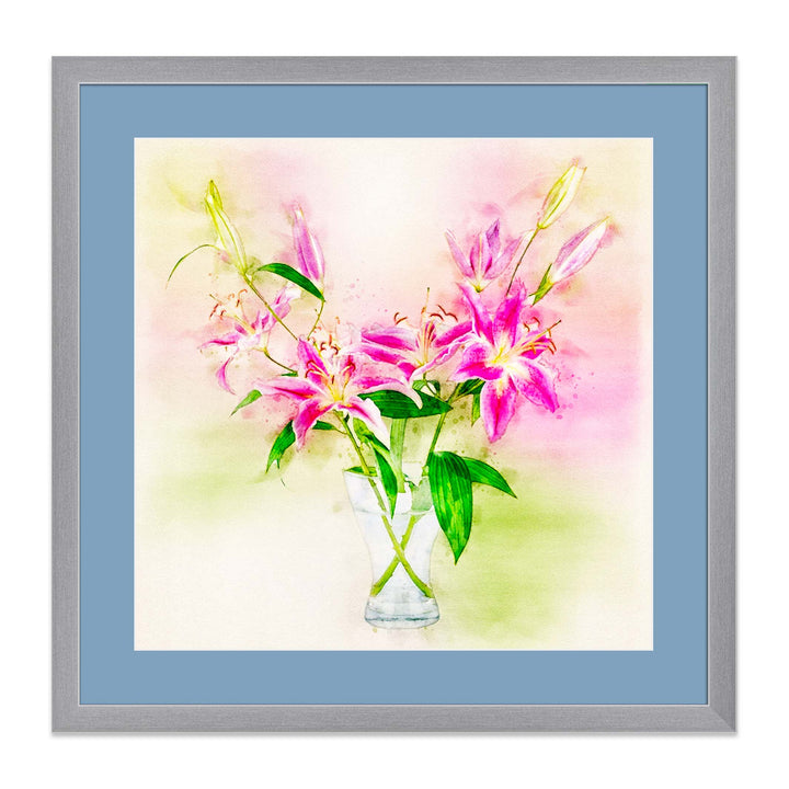 Pink Lilies Glass Vase 16x16 art print with blue mat and silver frame- Legacy Editions - Christina Stefani - Stefani Fine Art