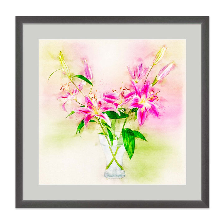 Pink Lilies Glass Vase 16x16 art print with grey mat and dark pewter frame- Legacy Editions - Christina Stefani - Stefani Fine Art