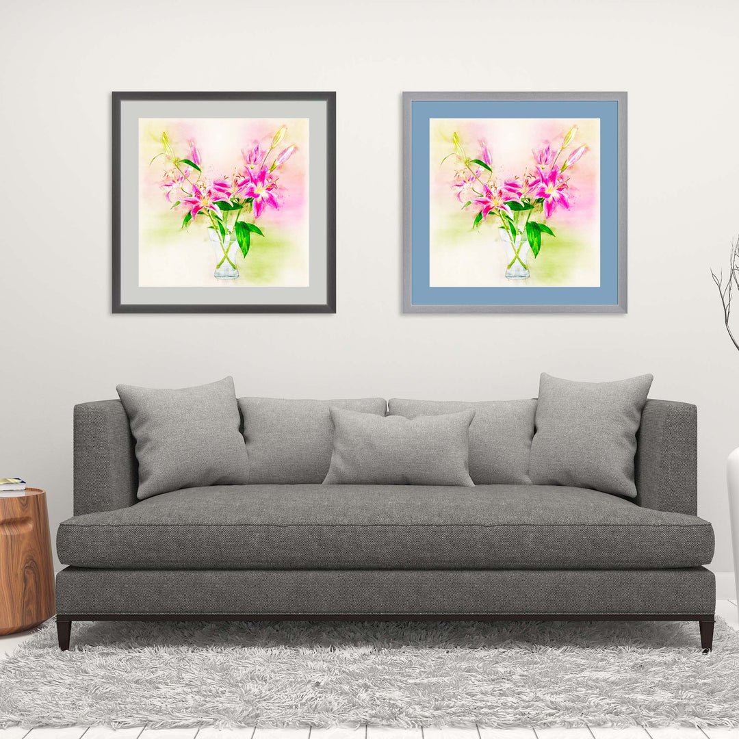 Pink Lilies Glass Vase - Framed prints hanging on a wall above a couch - Legacy Editions Art Prints - Christina Stefani - Stefani Fine Art