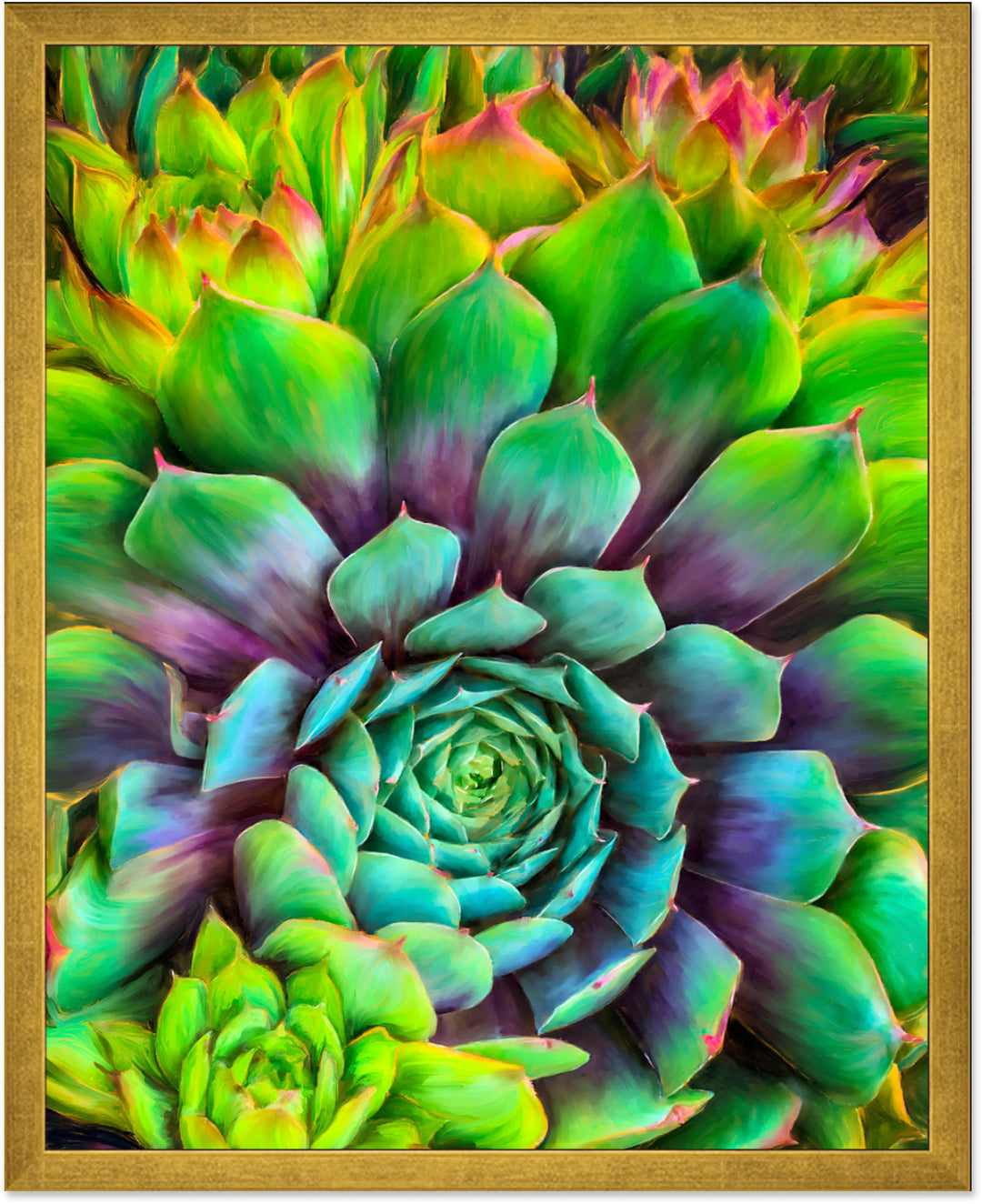 Succulent-Splendor-cactus-painting-art-print-by-Christina-Stefani-16x20-inch-art-print-with-brushed-gold-frame-Stefani-Fine-Art