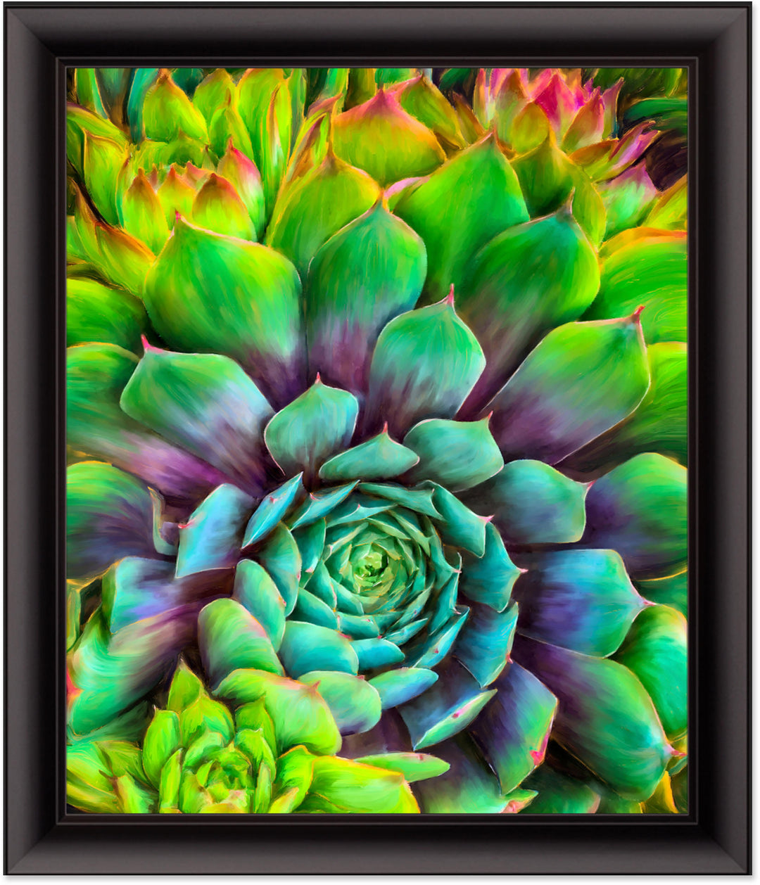 Succulent-Splendor-cactus-painting-art-print-by-Christina-Stefani-20x24-inch-art-print-with-black-scoop-frame-Stefani-Fine-Art